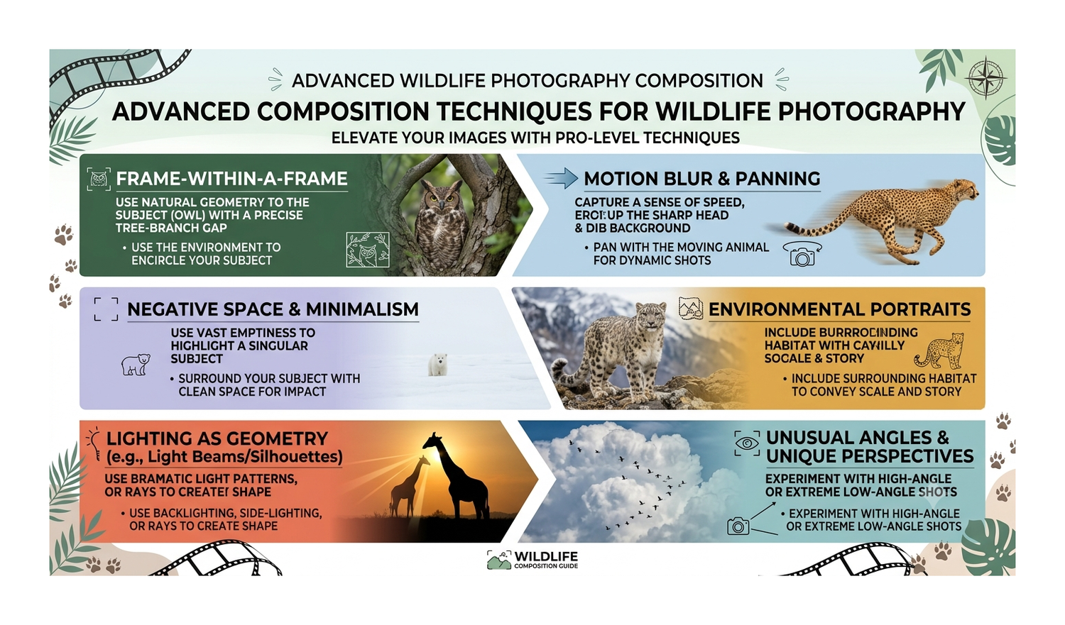 Infographic showcasing advanced wildlife photography composition techniques including motion blur, negative space, and unique angles.