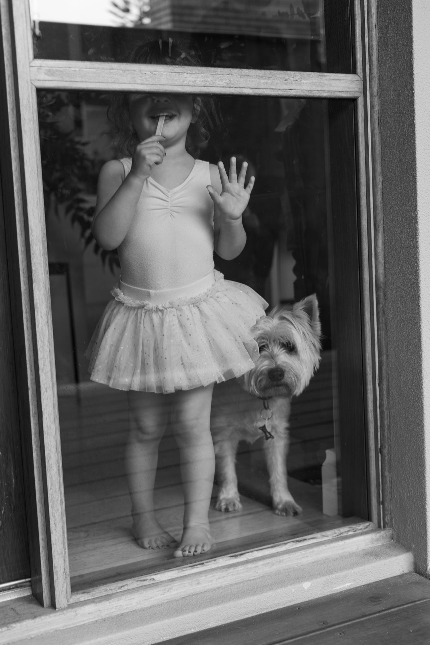 A small white dog and bare feet are visible through a window pane in this black and white photograph.