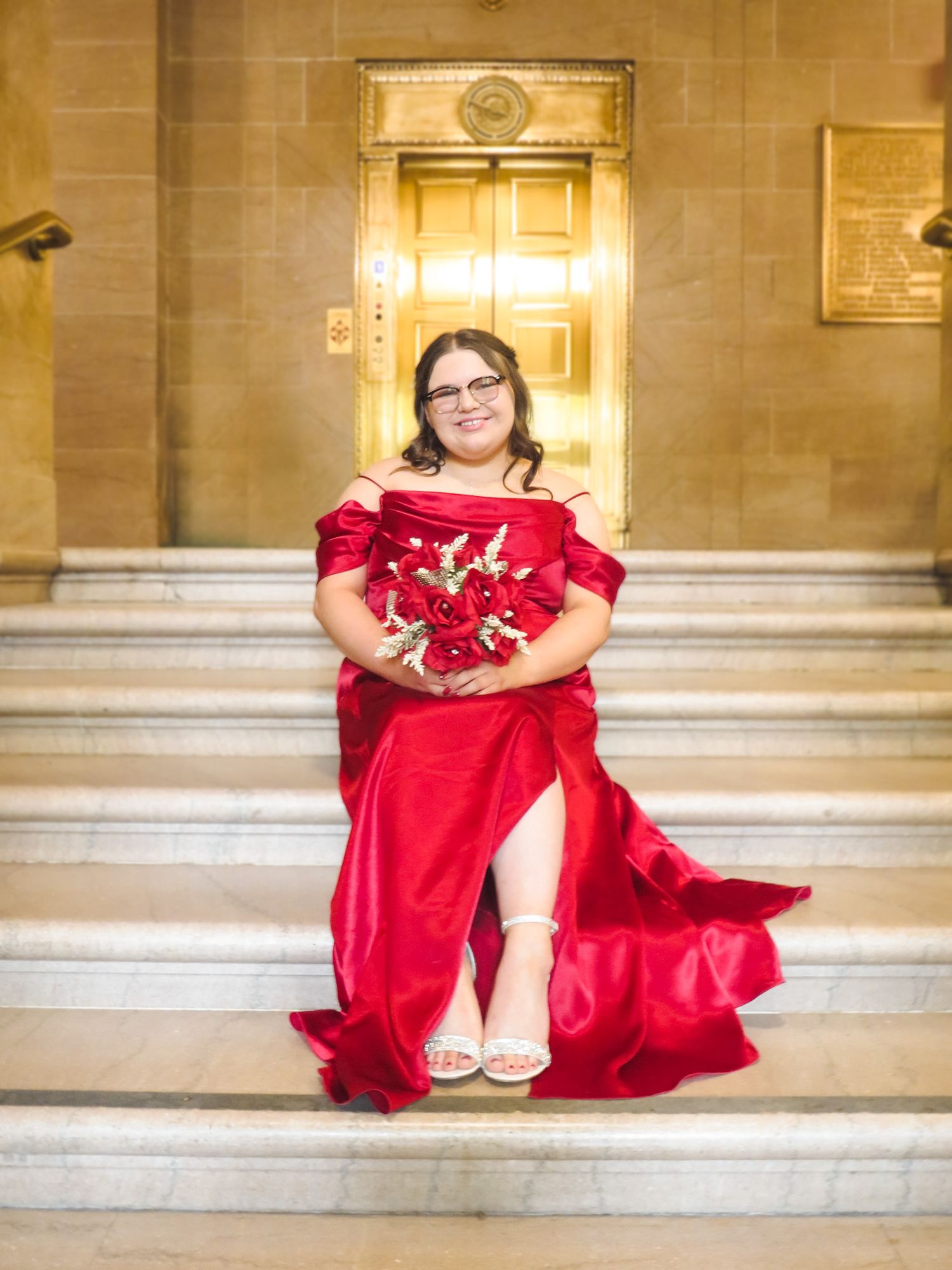 Series of photos showing a red formal dress on stone steps with dramatic lighting.