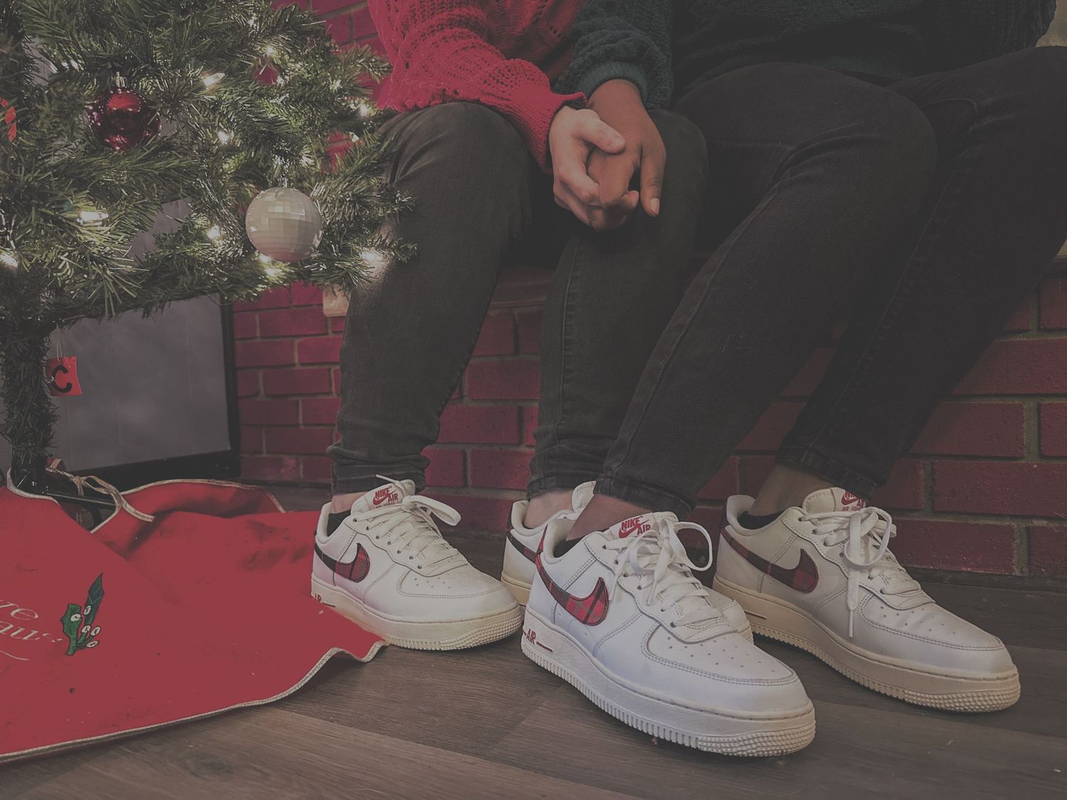 Close-up shots of white sneakers against a red background.
