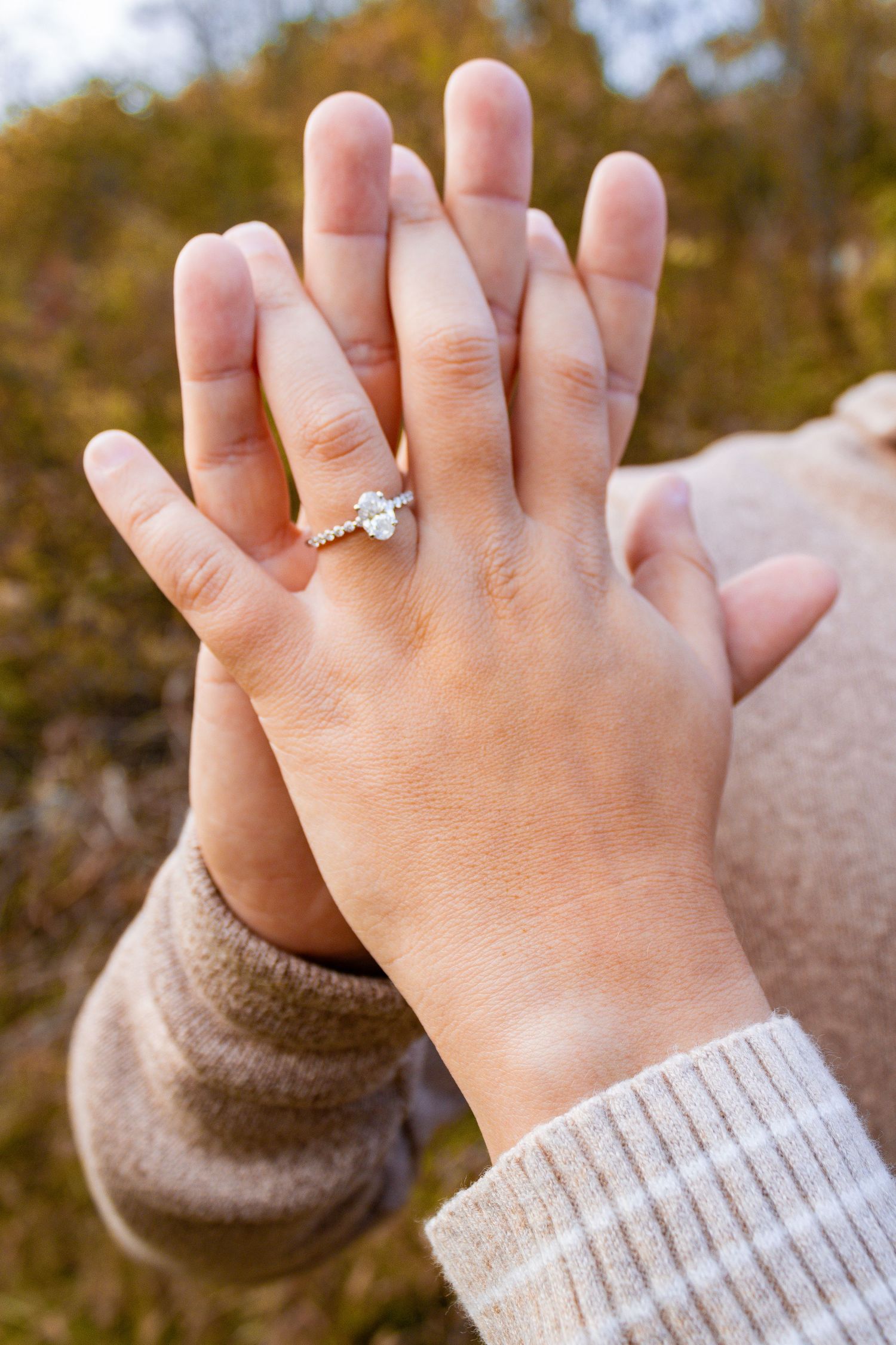 Close-up of hands with engagement ring against autumn foliage background.