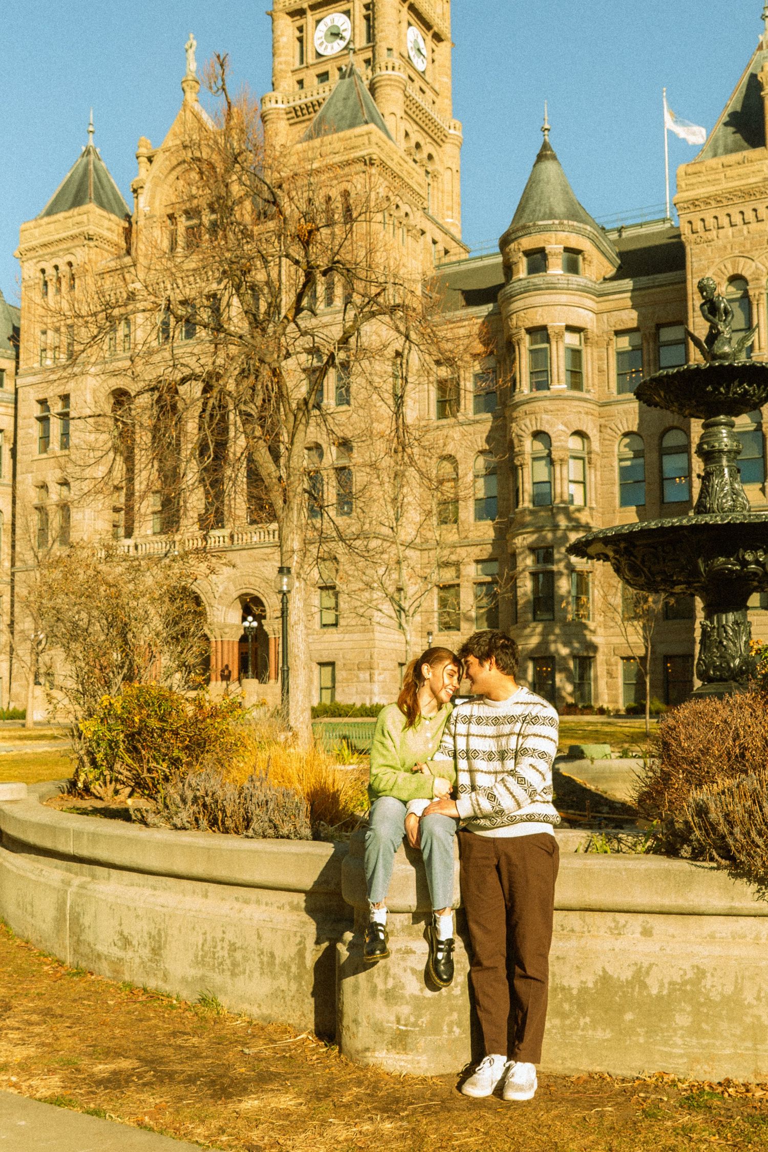 A series of vintage photographs showing people standing in front of a grand Gothic-style university building in autumn.