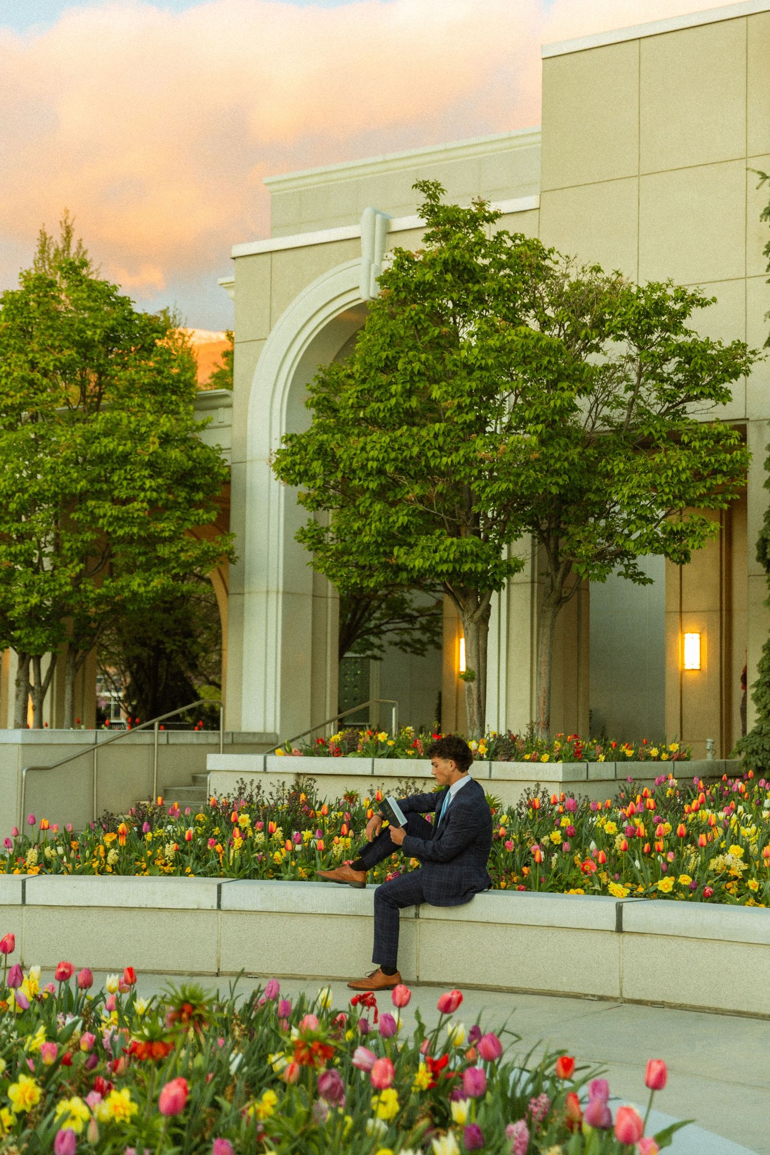 Man in suit reading among colorful tulips outside elegant building with arched entrance at sunset.