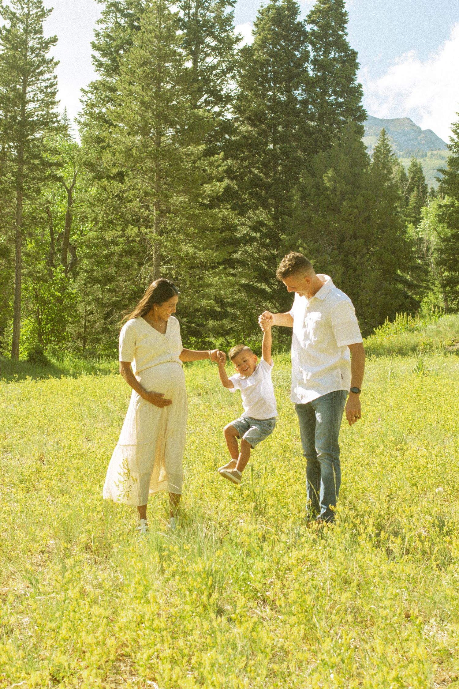 Family plays together in a sunny mountain meadow filled with yellow wildflowers and surrounded by evergreen trees.