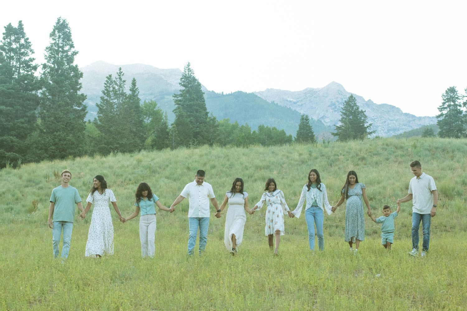 Group of people holding hands while walking through a green meadow with pine trees and mountains in the background.