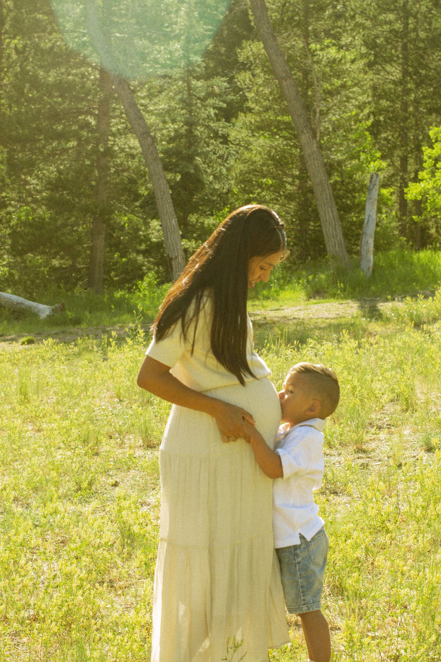 A parent and child share a tender moment together in a sunlit meadow surrounded by trees.