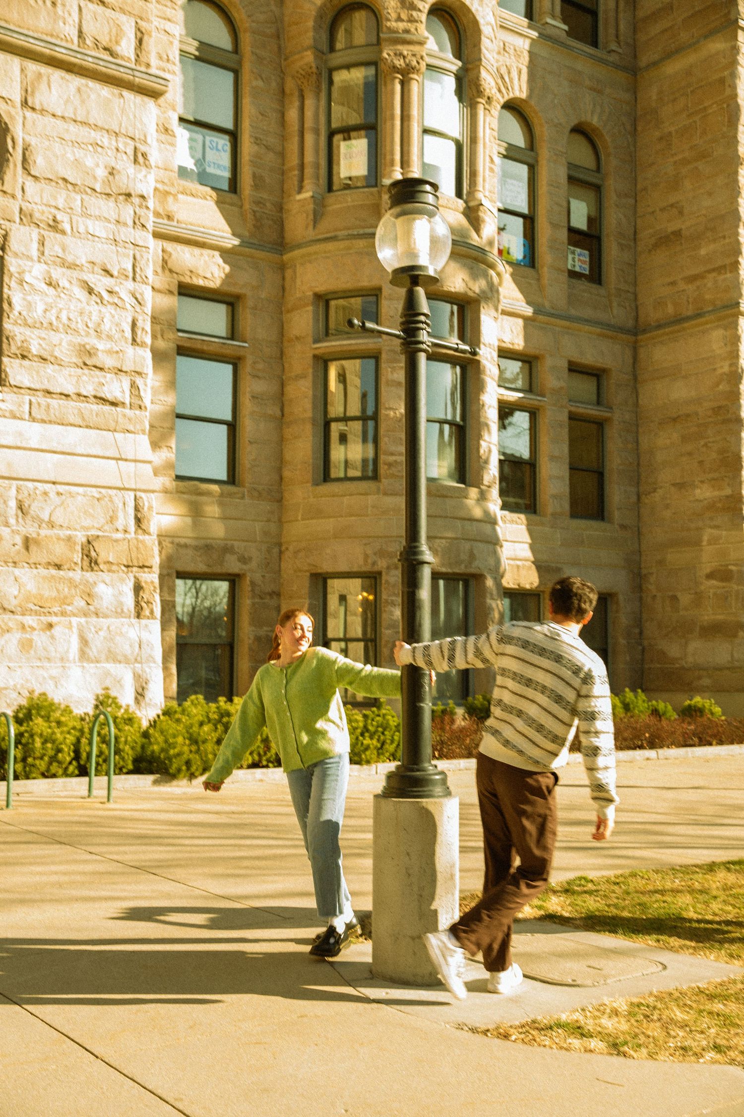 A sequence of architectural photos showing stone columns and arches of a historic building facade in warm sunlight.
