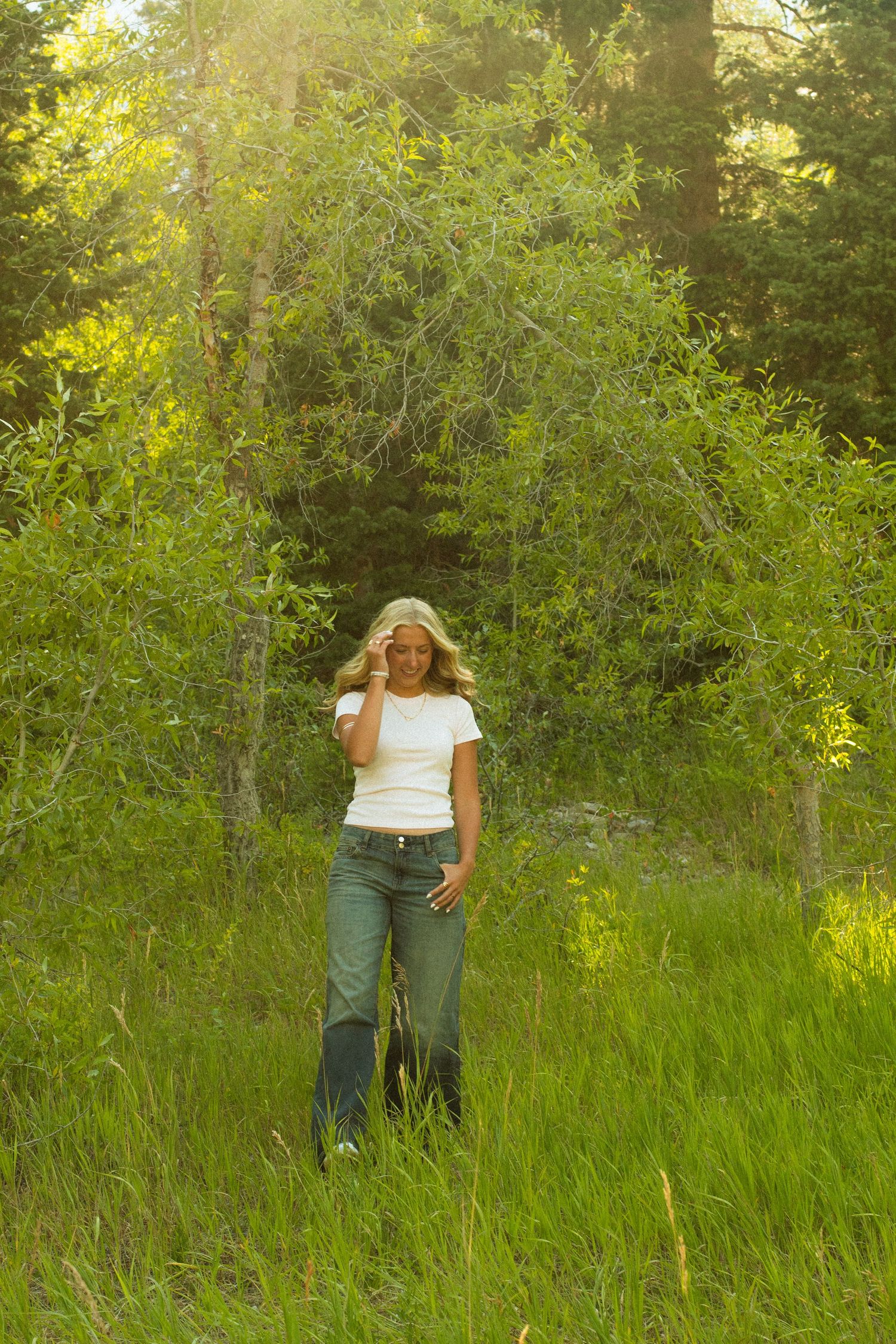 Two figures standing in a sun-dappled meadow with green forest behind them.