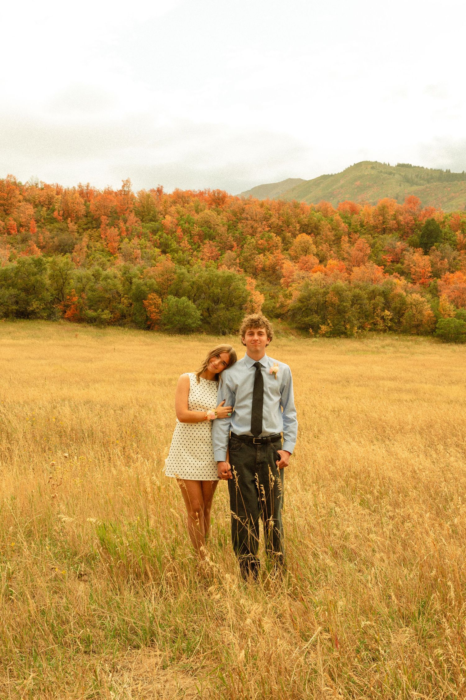 A couple stands together in a golden field with autumn foliage and mountains in the background.