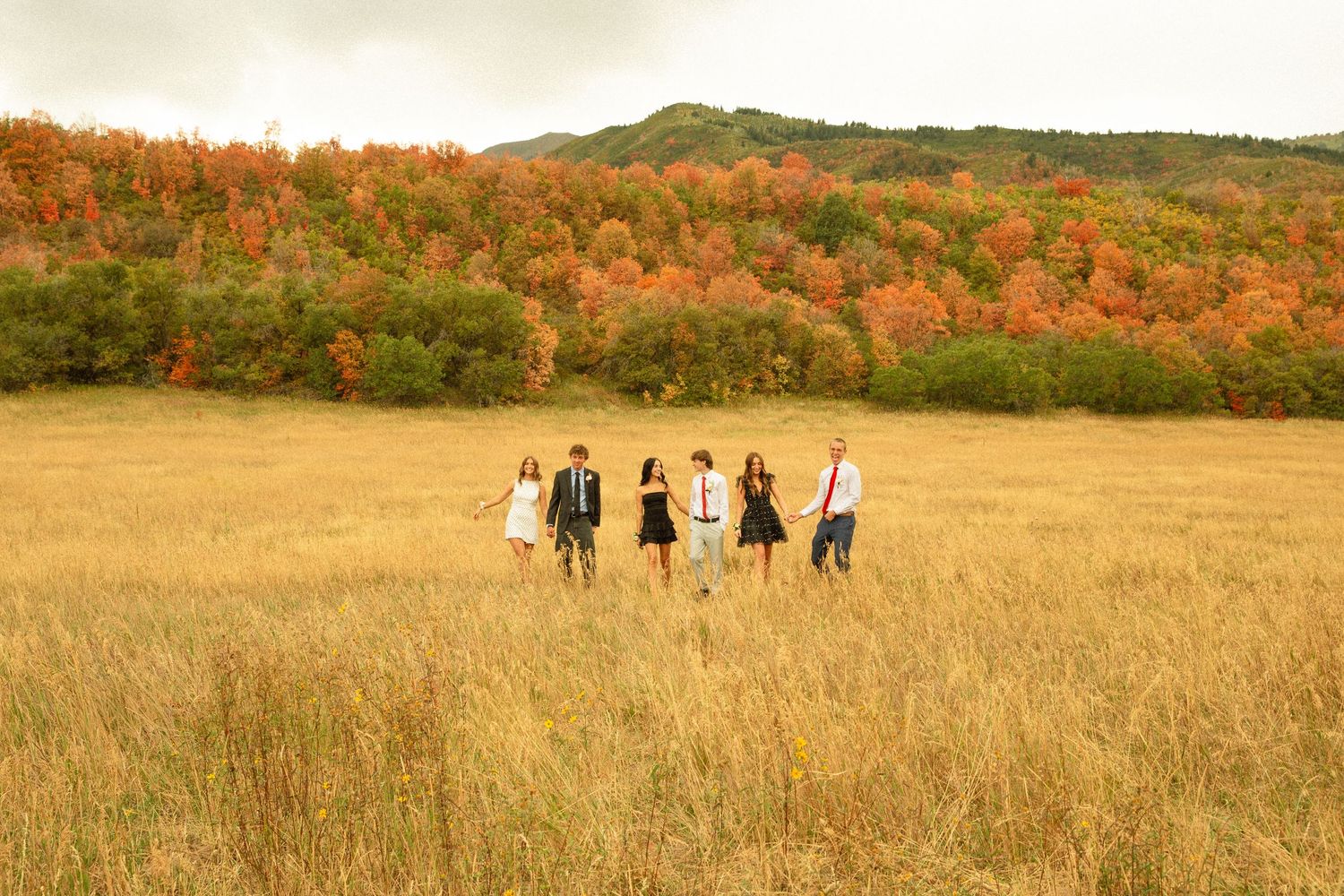 Group of people walking through a golden autumn meadow with rolling hills and fall foliage in the background.
