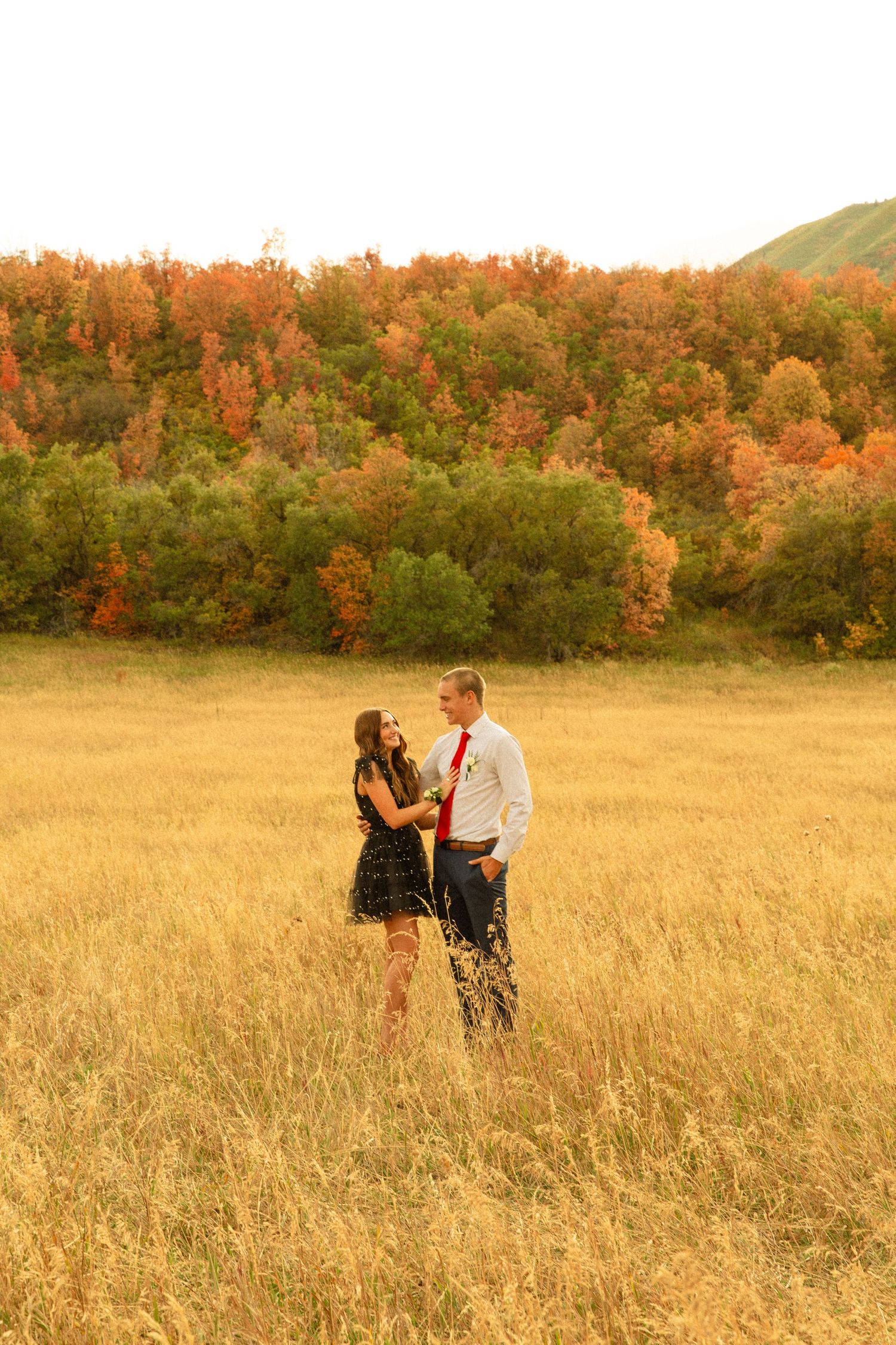 A couple stands together in a golden autumn field with orange trees in the background during sunset.