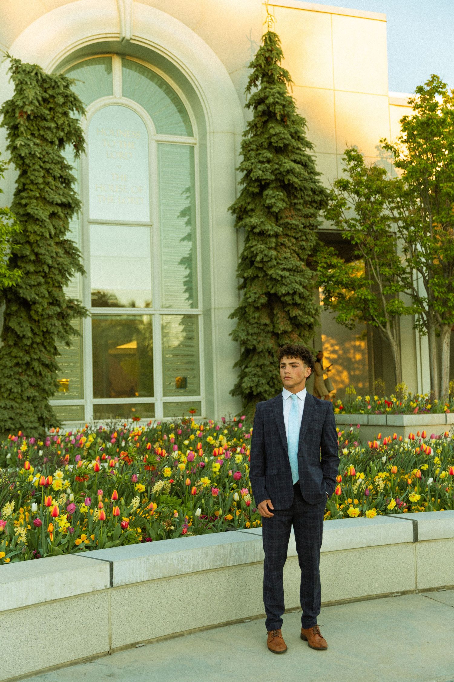 Young man in navy suit and light blue tie stands before a colorful tulip garden and arched windows at golden hour.