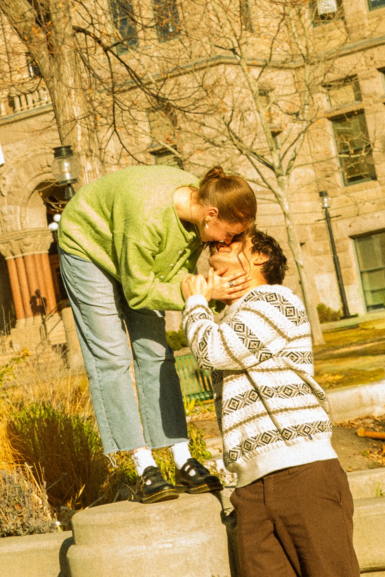 A series of photos showing a person in a patterned sweater and jeans bending over in an outdoor setting.