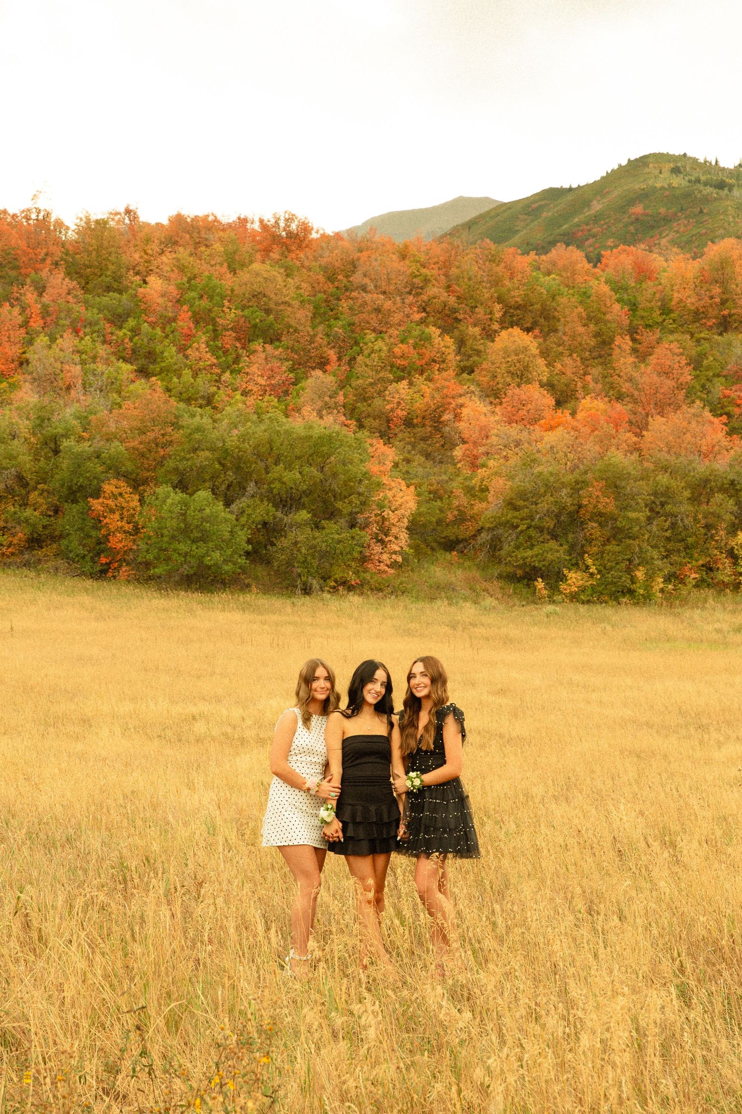 Three people stand together in a golden field with vibrant autumn foliage and mountains in the background.