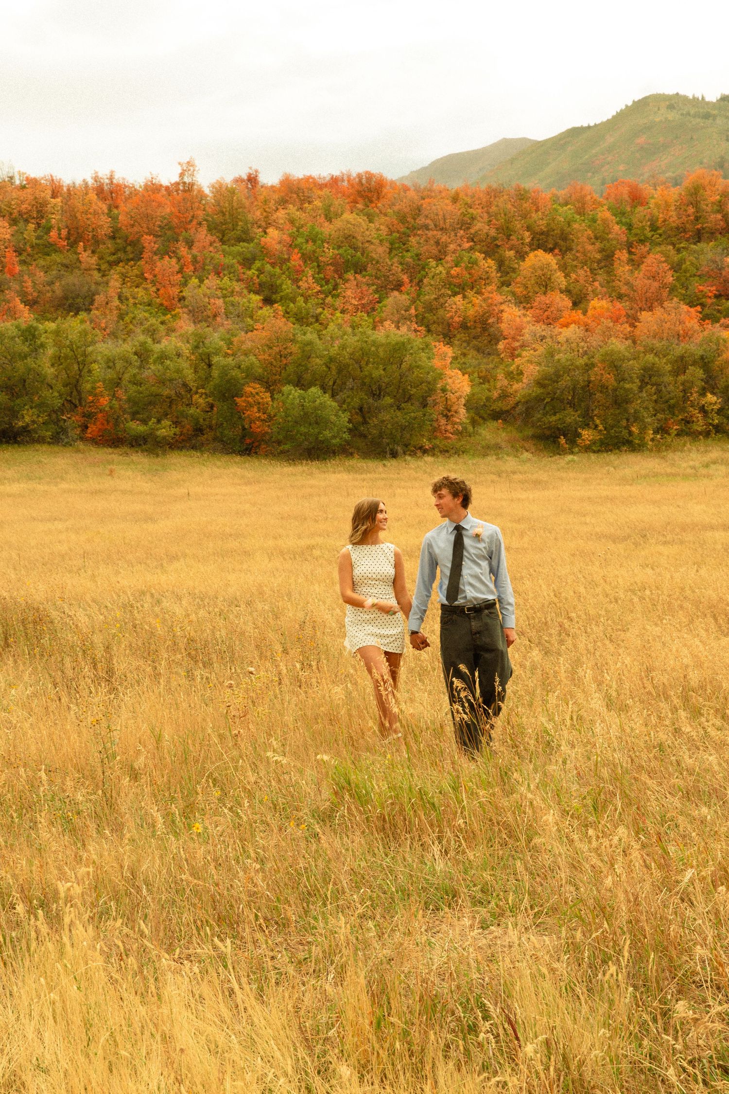 Two people walk together through a golden autumn field with orange foliage in the background during sunset.