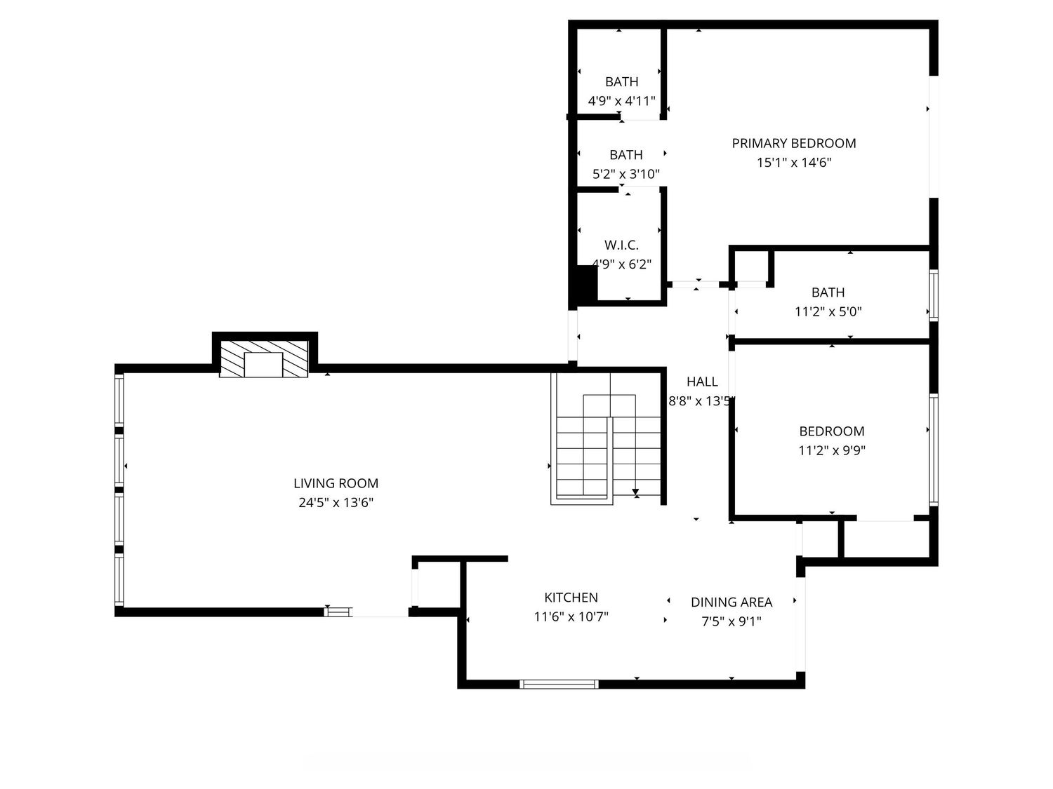 Single-story floor plan featuring living room, primary bedroom, kitchen, dining area, and two bathrooms.