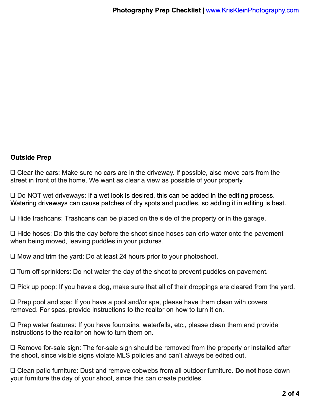 Photography prep checklist page 2 of 4 covering outside prep tips for real estate photoshoots.