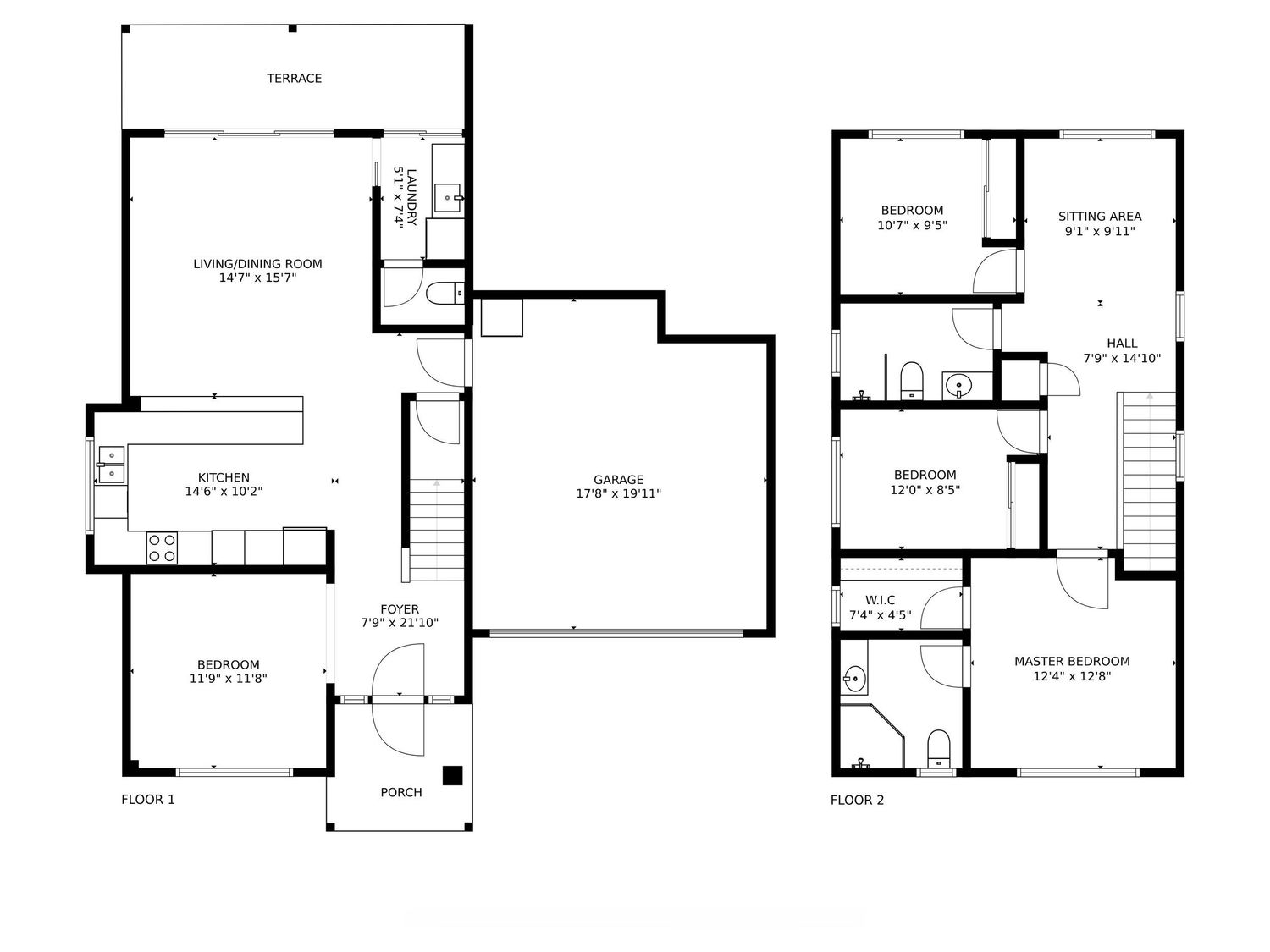 Two-story house floor plan with garage, living room, kitchen, four bedrooms, and multiple bathrooms.
