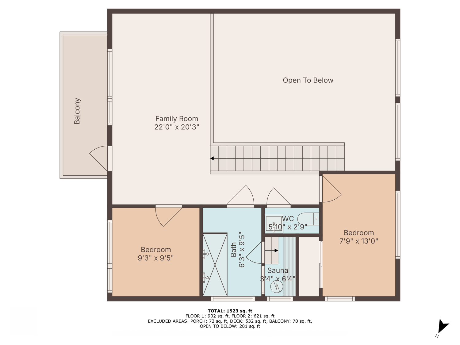 Upper-level floor plan showing family room, two bedrooms, laundry, balcony, and open-to-below area.