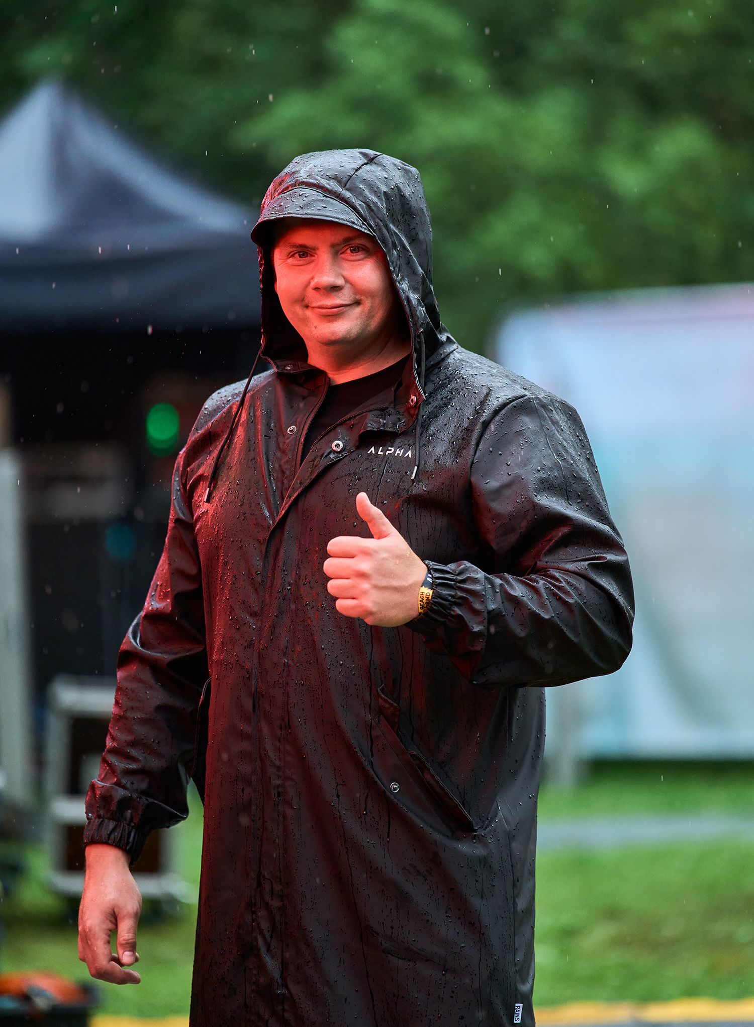 pyrotechnician, SFX, rain, wet, thumbs up, summer