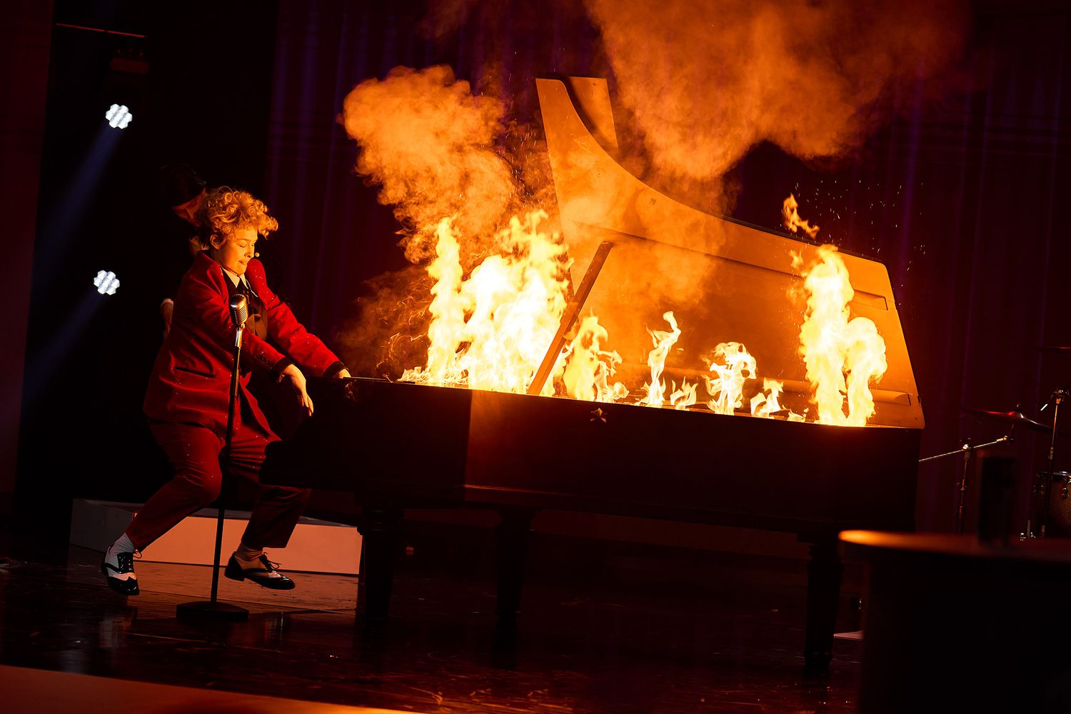 pyrotechnics, piano, tv show, piano on fire, flames