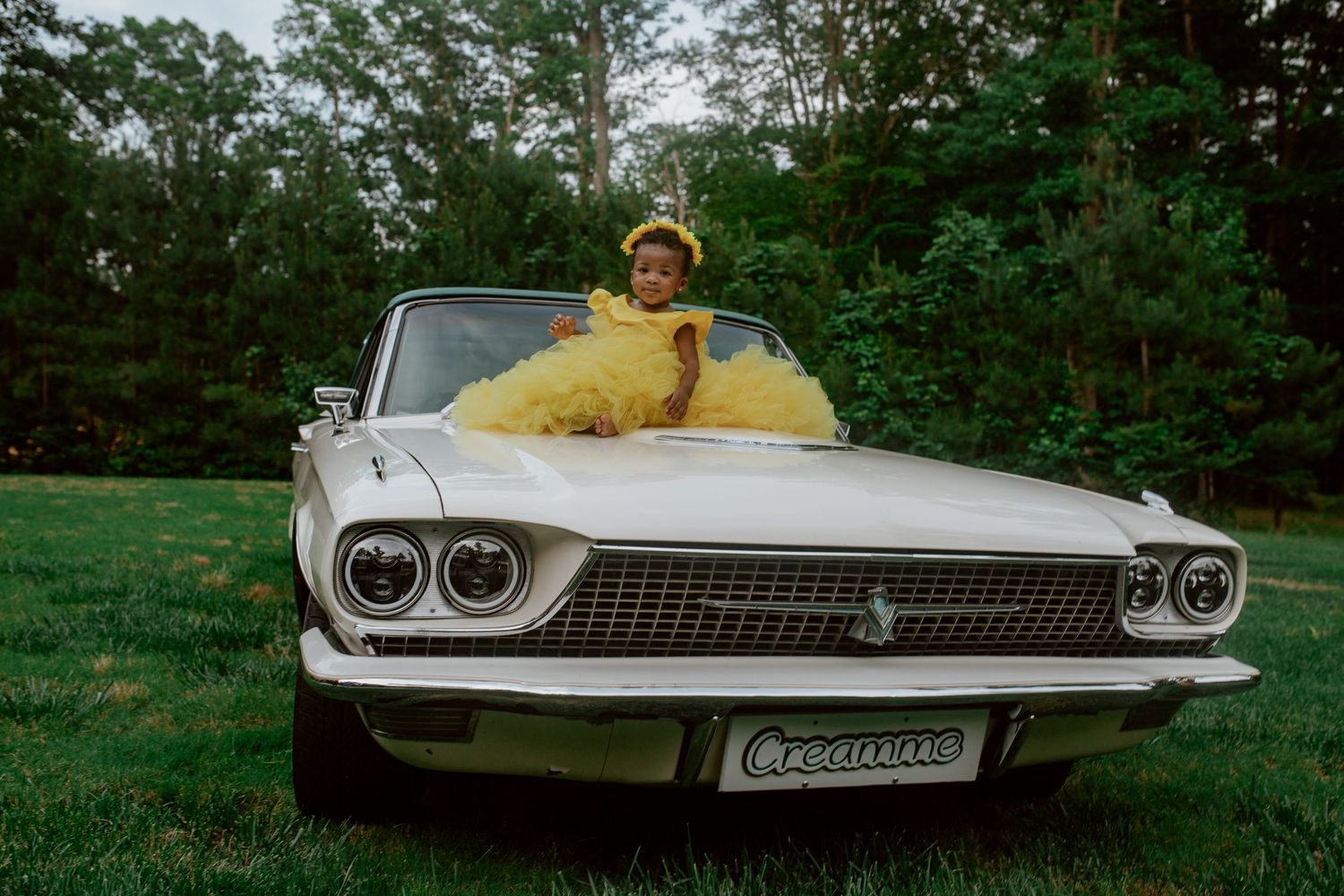 Classic white Cadillac convertible parked in a green field on a cloudy day.