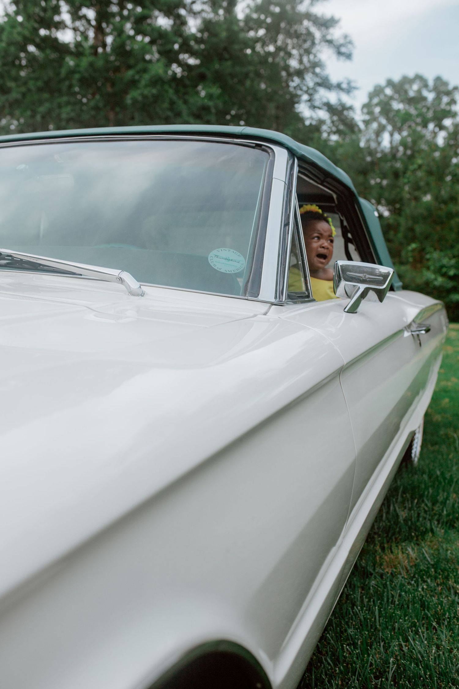 A series of close-up shots showing the sleek white exterior and hood lines of a classic car parked in a grassy area.