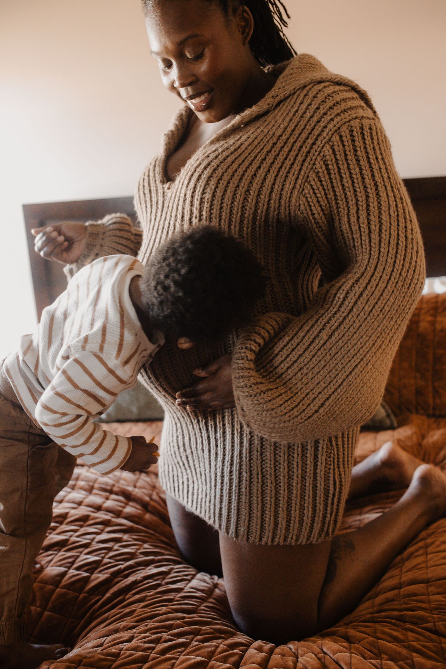 A tender moment captured in a series of warm-toned photographs showing gentle embraces and intimate connections.