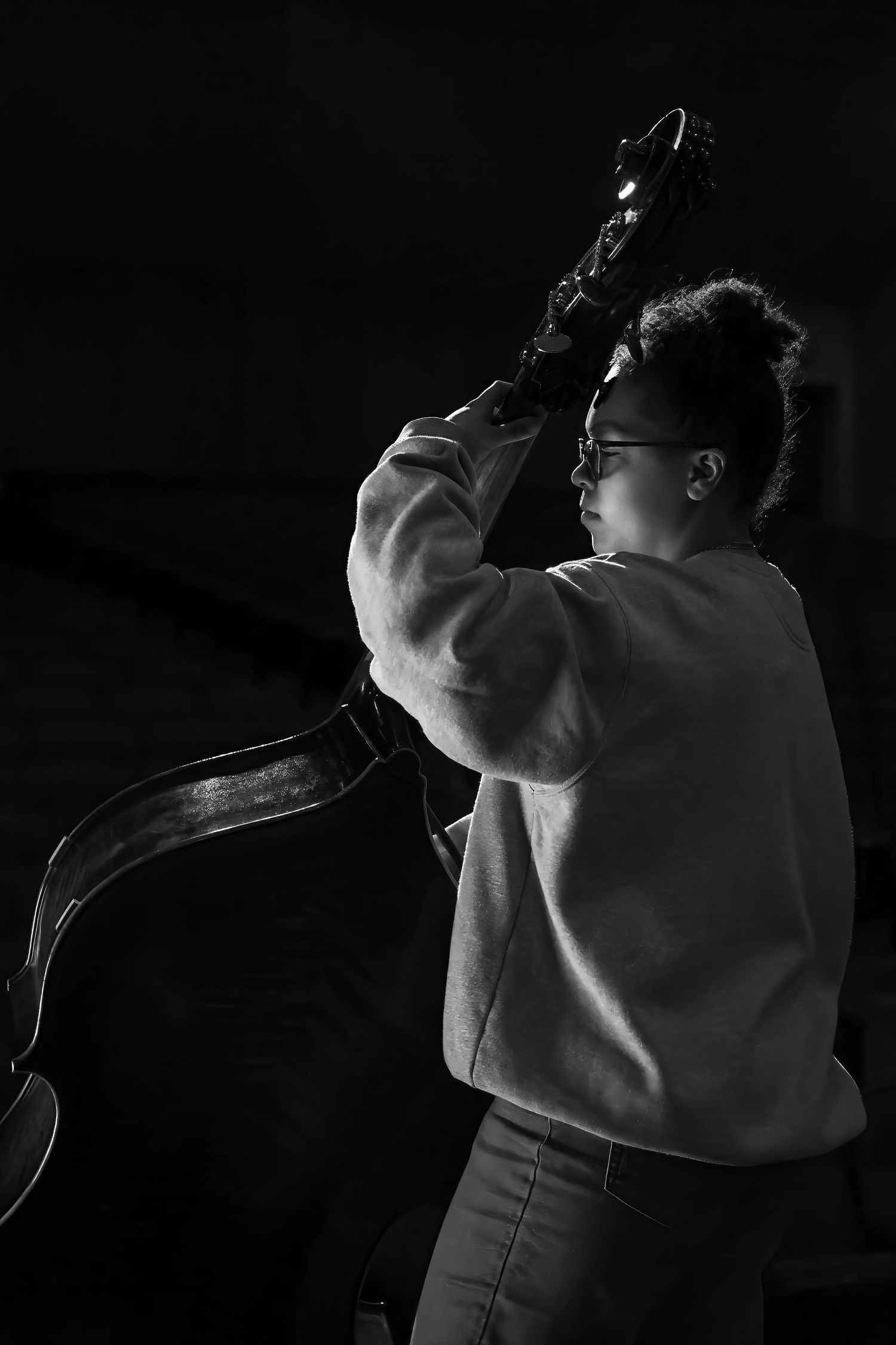 black and white cello player senior portrait Bellevue east high school