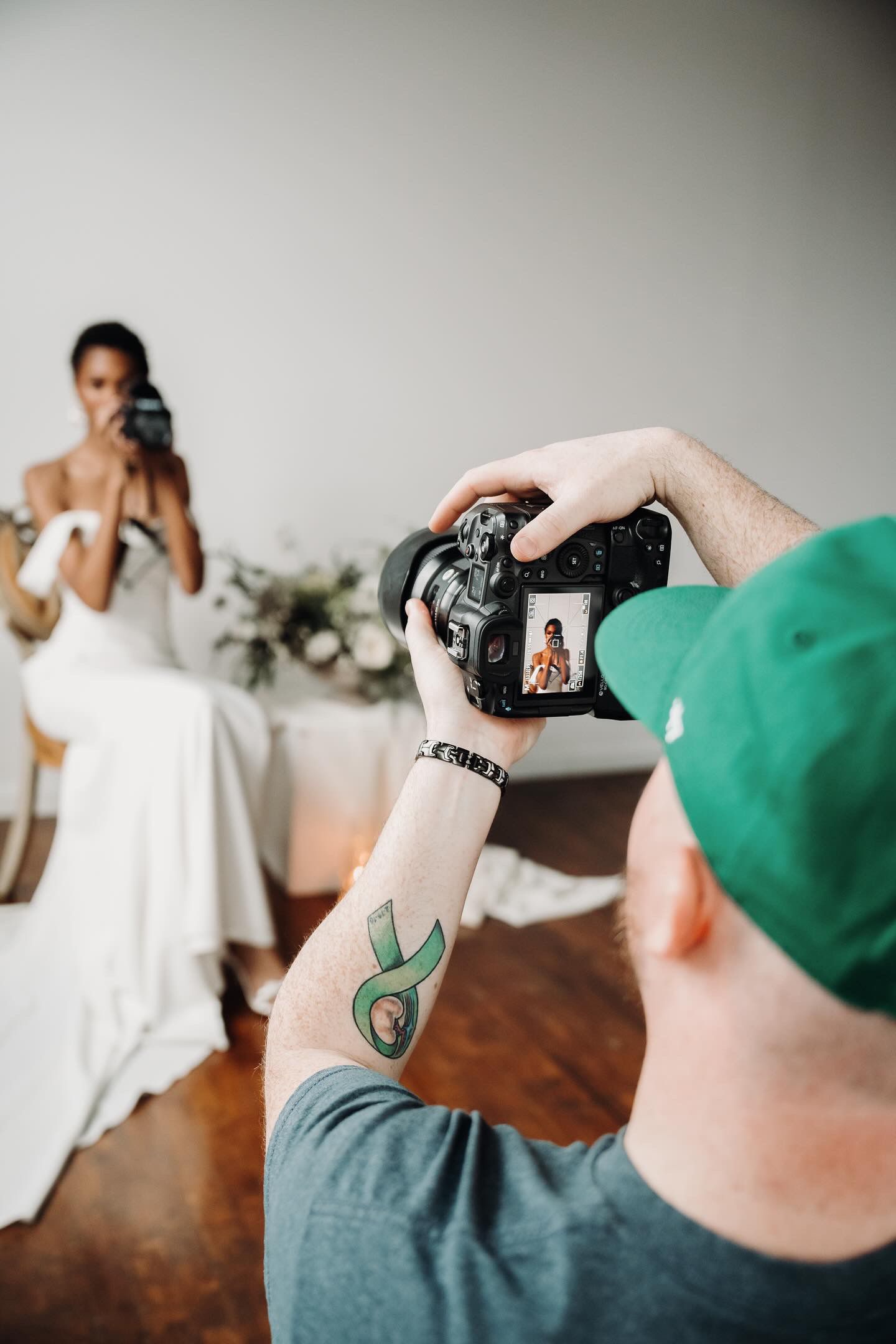 Behind-the-scenes sequence showing a photographer capturing bridal portraits in a bright indoor setting.