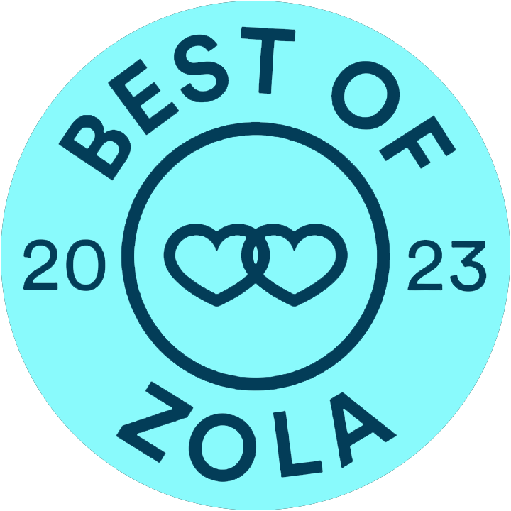 Series of light blue oval badges with Zola branding and wedding-related text.