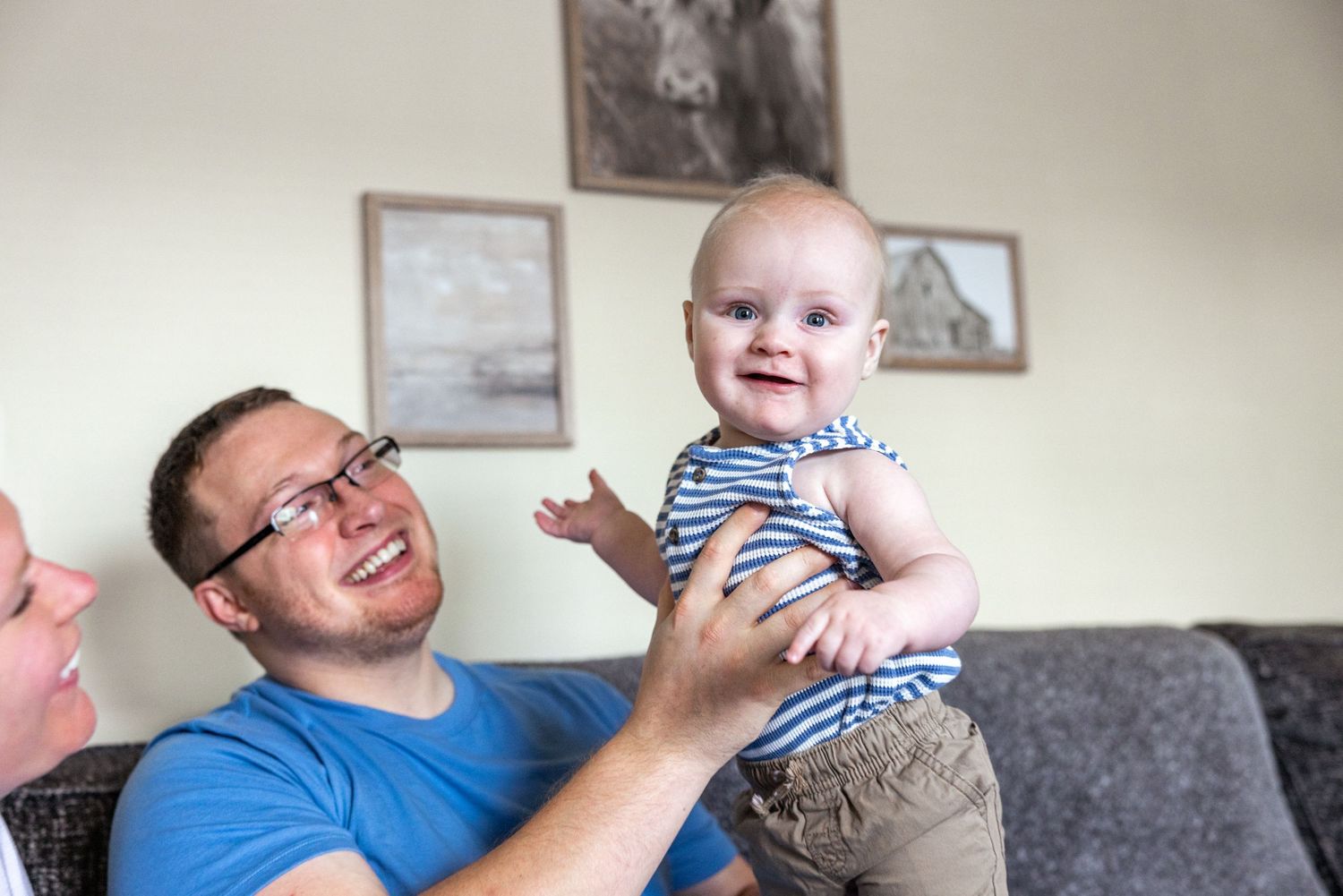 A playful series of moments showing joyful interactions between an adult and baby in a casual home setting.