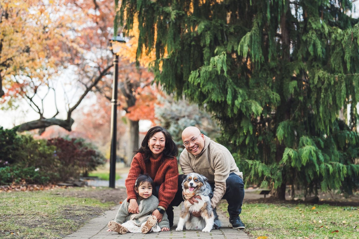 A family and their dog pose together among autumn trees during a fall photoshoot in a park.