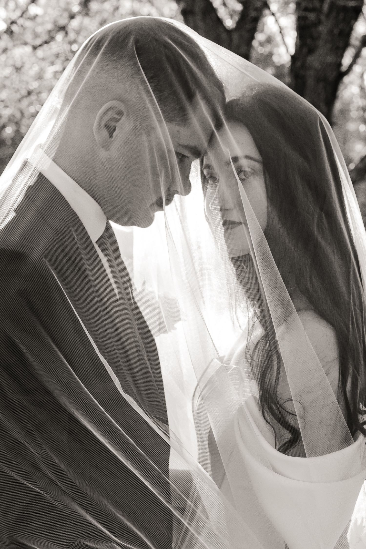 Black and white photo of bride and groom standing close under a sheer veil in a romantic garden setting.