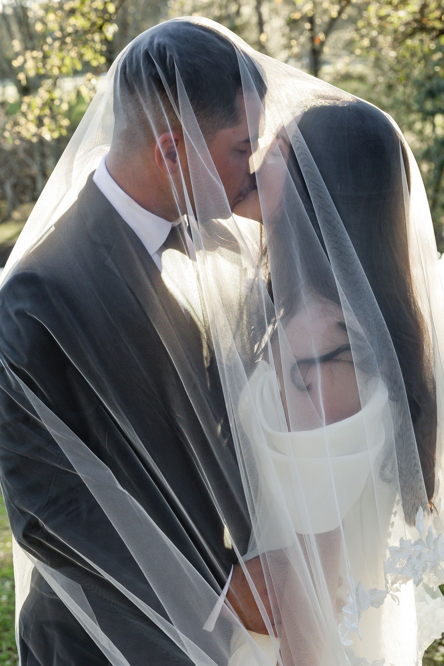 Bride and groom share a tender kiss beneath a sheer veil in a sunlit garden.