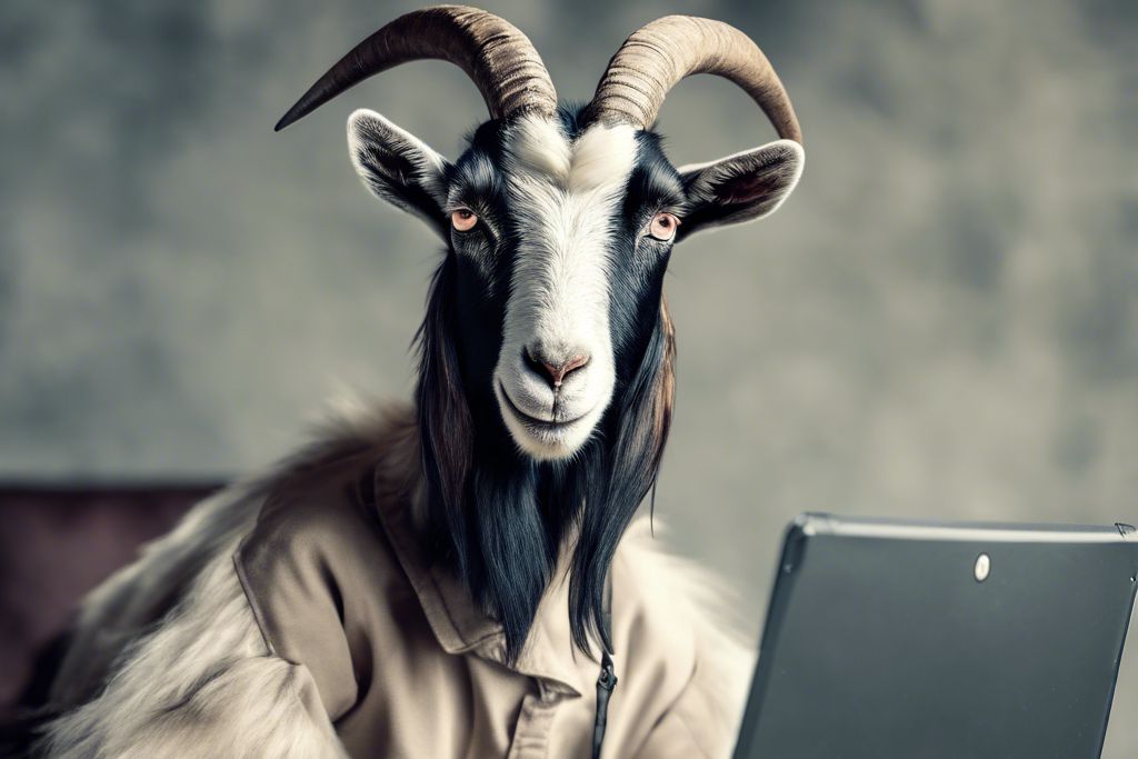 Goat wearing business attire looking at laptop computer.