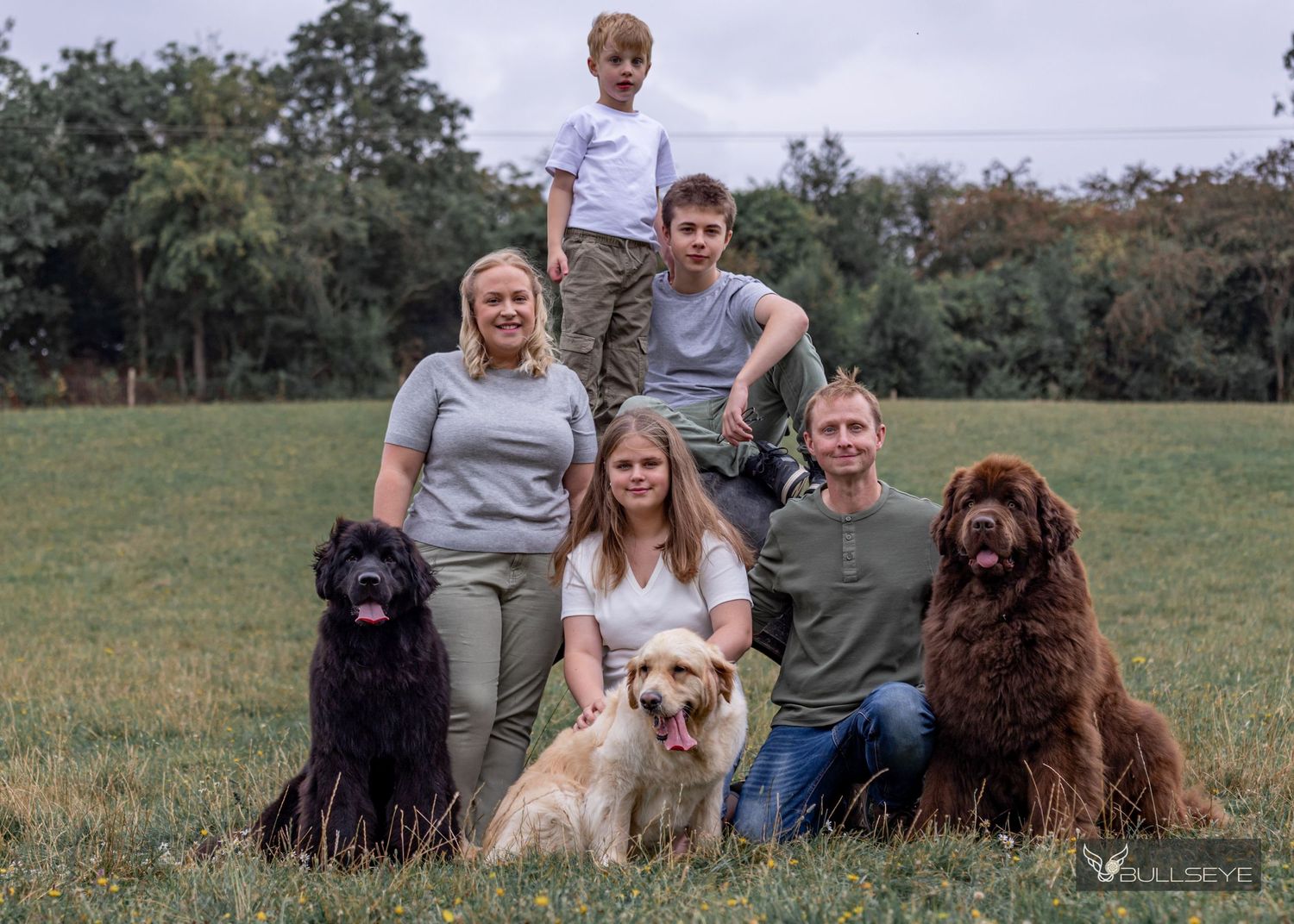 Family group photo with four dogs of different breeds sitting together on grassy hill.