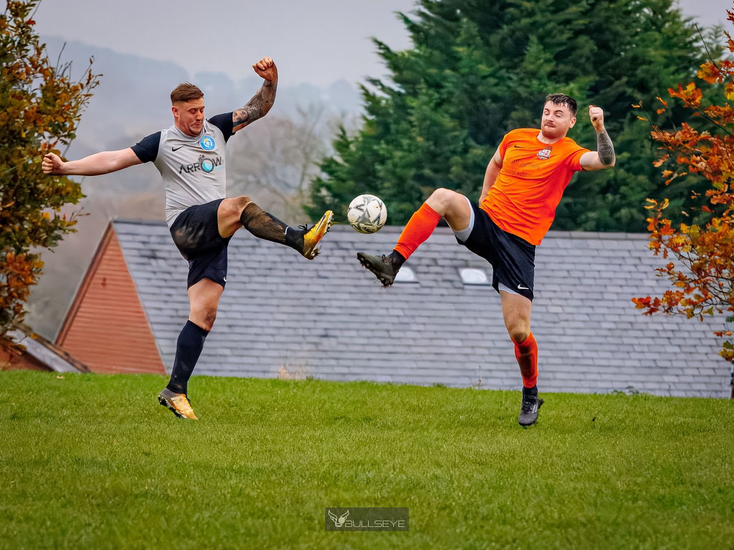 A sequence of dynamic soccer kicks shown in five connected action shots against a backyard setting.