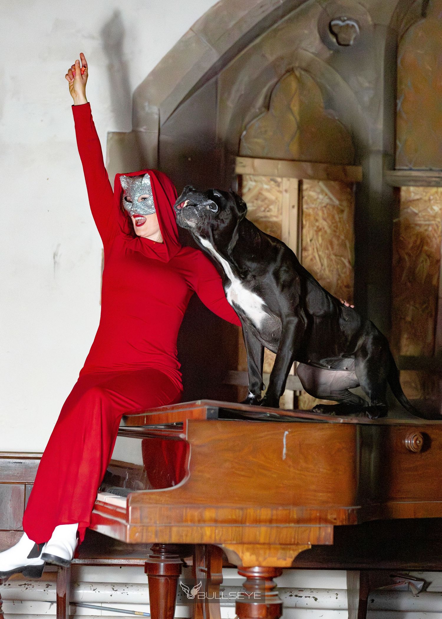 A choreographed dance routine showing fluid movements between a figure in red and a dark-colored dog.