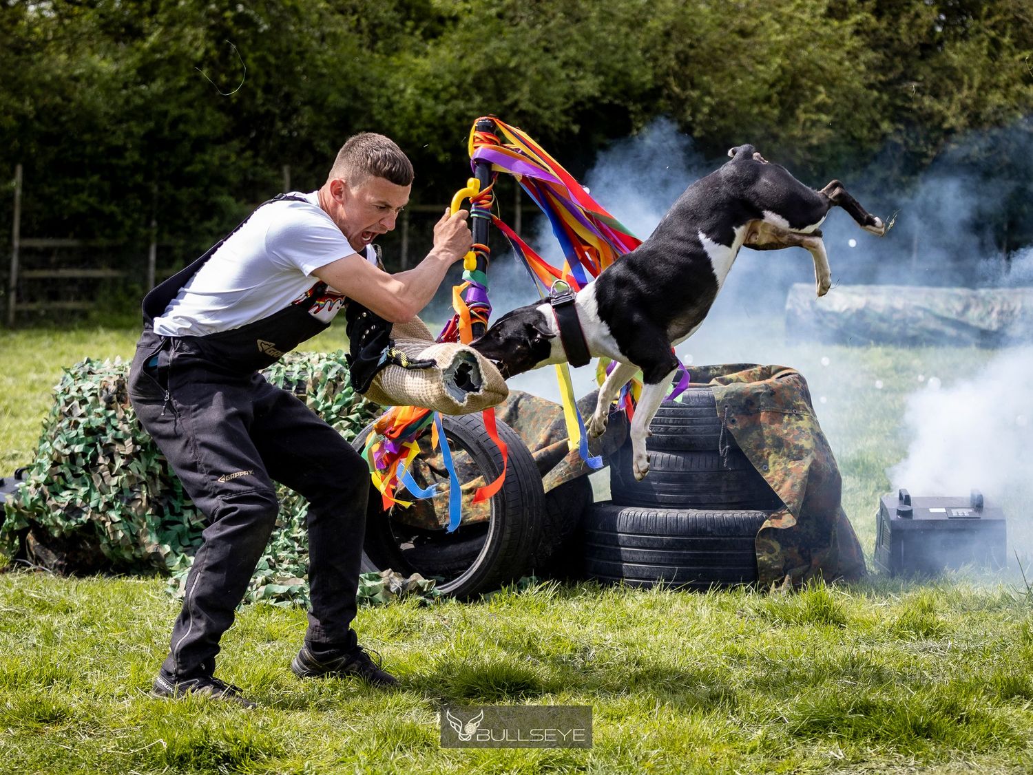 A man in a white shirt controls a leaping dog amid colorful ribbons and smoke during an outdoor dog training demonstration.