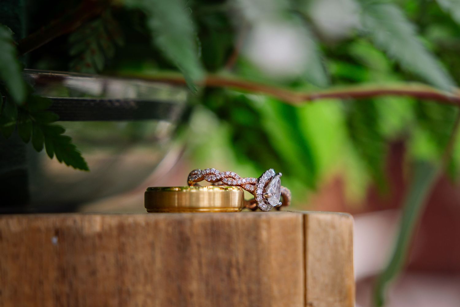Wedding rings rest on a rustic wooden surface with soft natural lighting and greenery in the background.