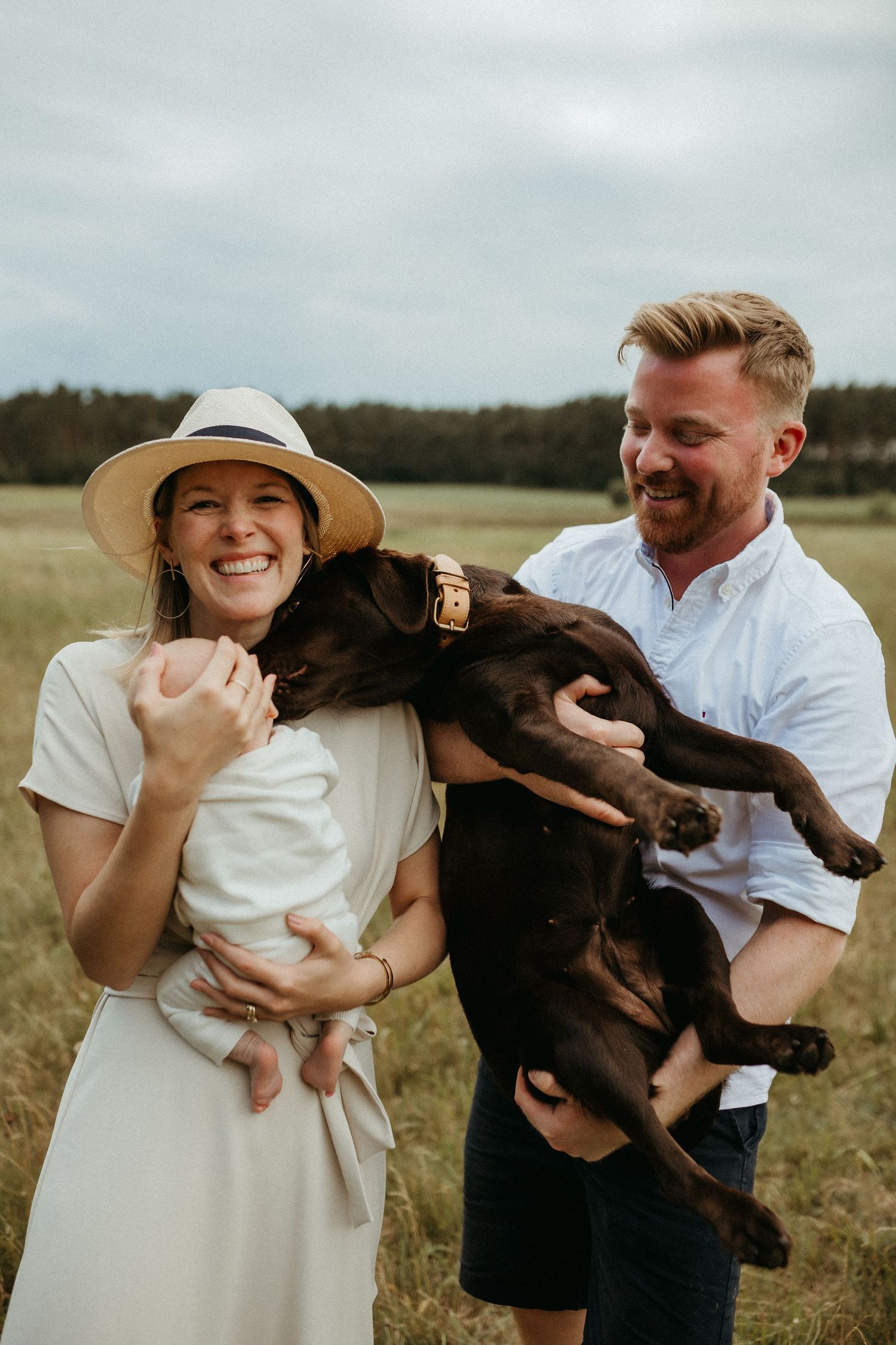 Playful outdoor photo sequence of couple with their energetic brown dog in a field.