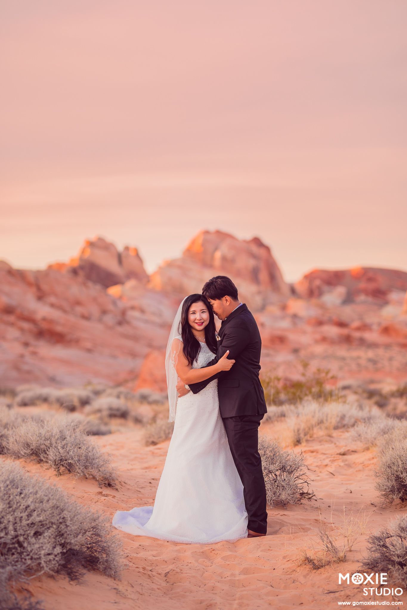 A couple embraces during sunset in a desert landscape with red rock formations and soft pink skies.