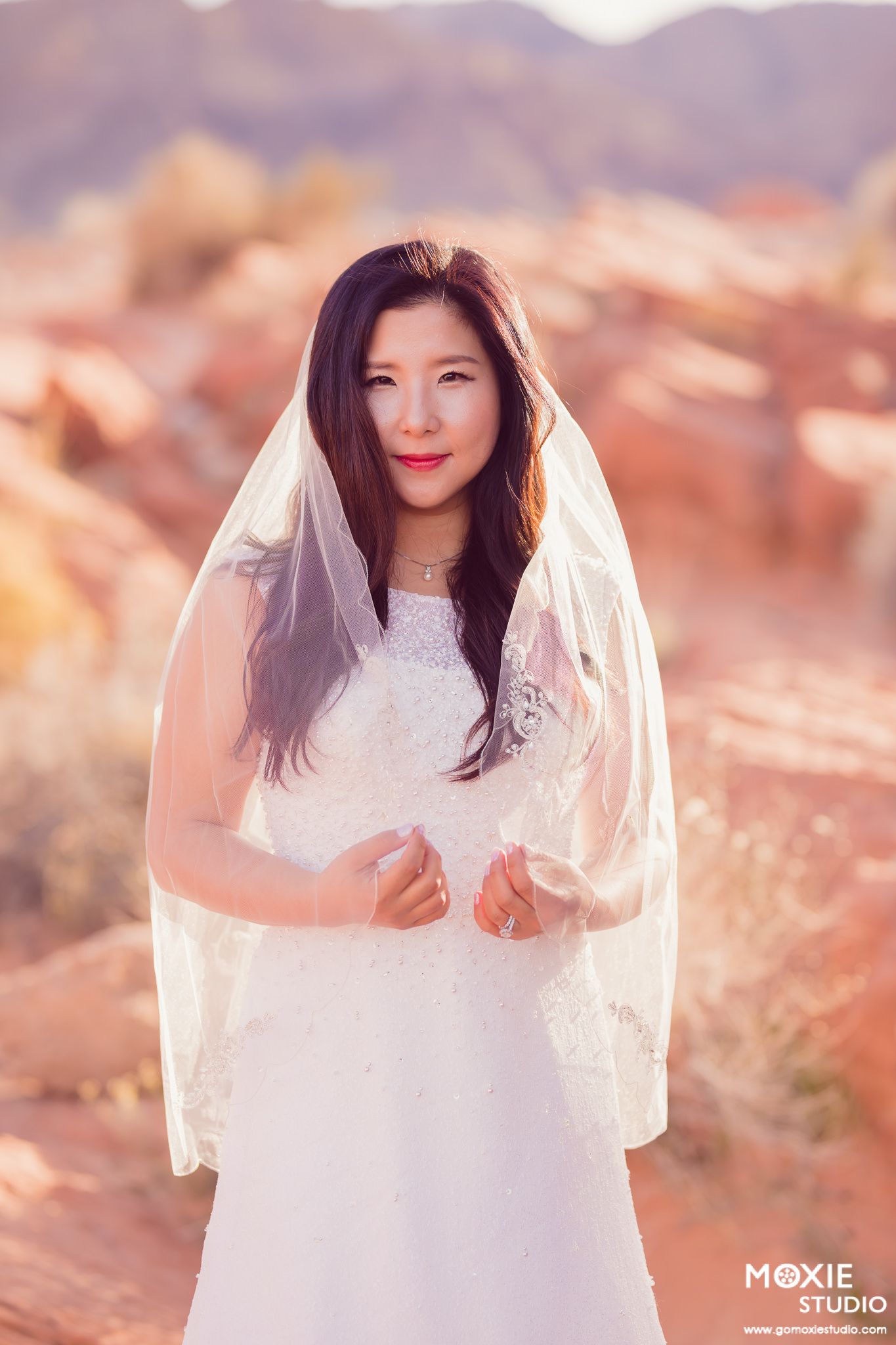 Portrait photography series in soft warm lighting showing a figure in a white dress against a desert landscape background.