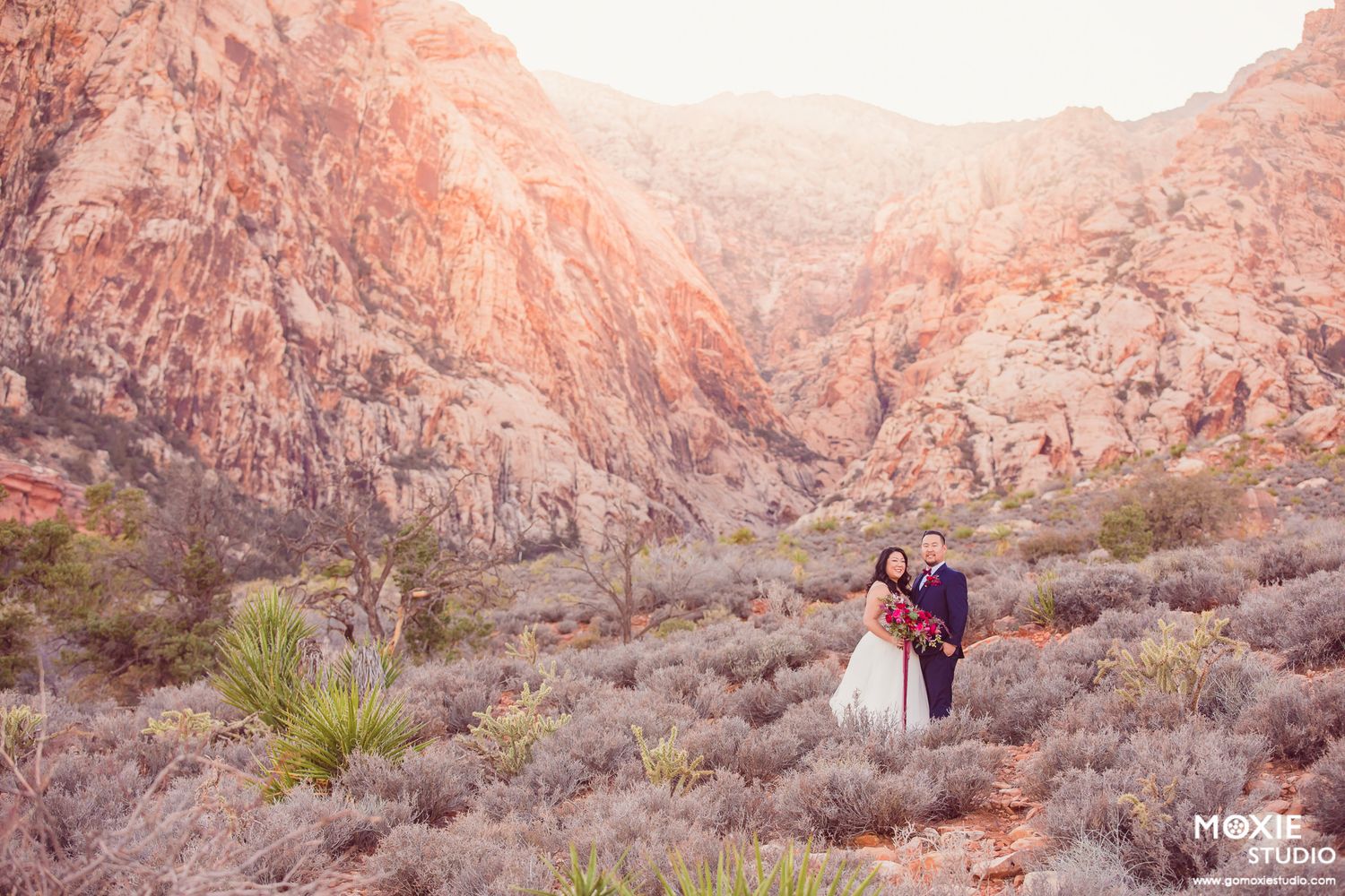 Desert engagement photos show couple embracing against stunning red rock formations at sunset in Nevada.