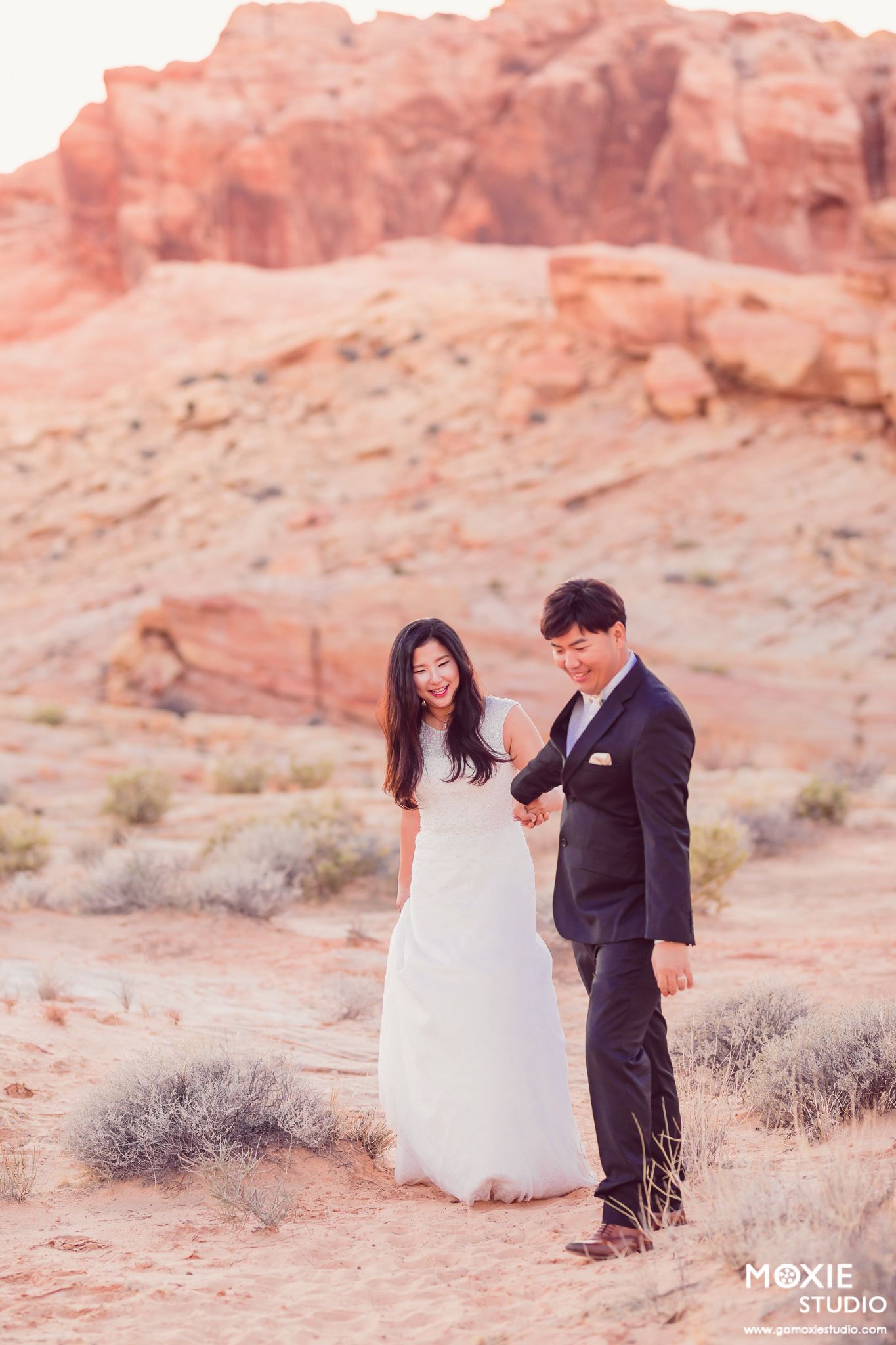 Romantic desert engagement photoshoot with red rock formations and desert brush at Valley of Fire State Park.