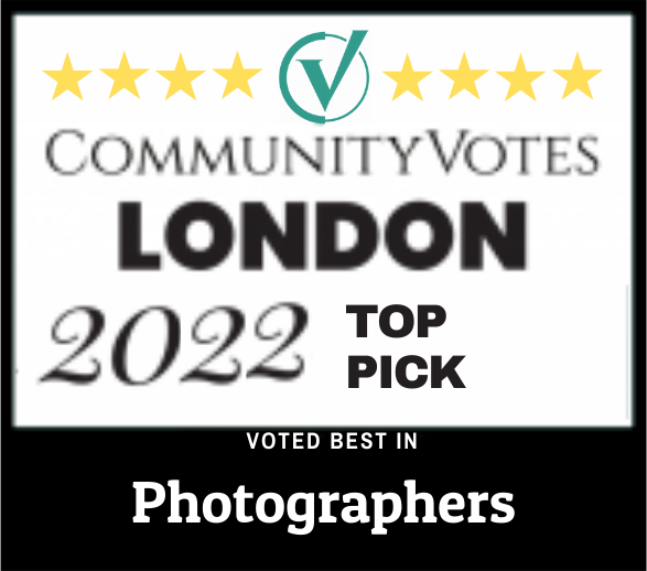 CommunityVotes London 2022 Top Pick award badge for photography excellence with star rating.