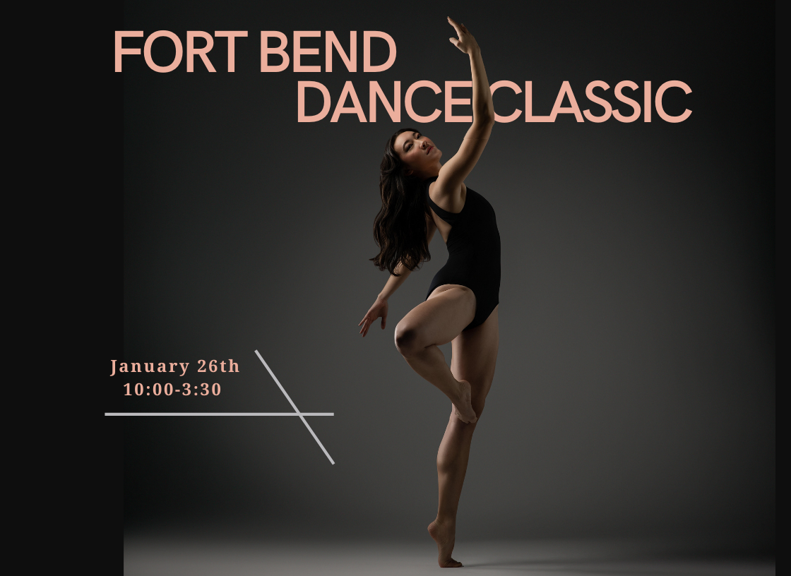 A silhouetted dancer in motion against a dark background at the Fort Bend Dance Classic event.