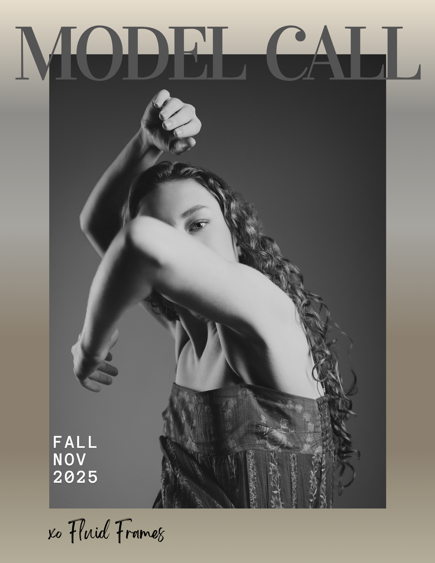 A black and white artistic photoshoot series showing dramatic poses and styling with moody lighting effects.