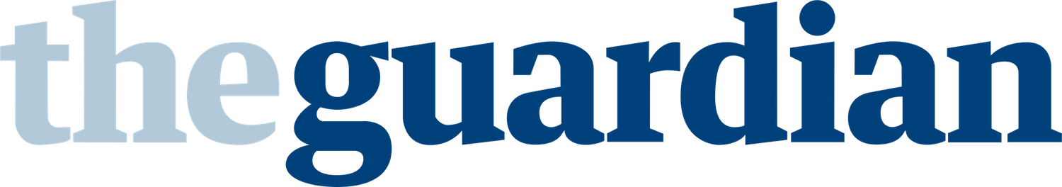 The Guardian news logo with blue text on white background.